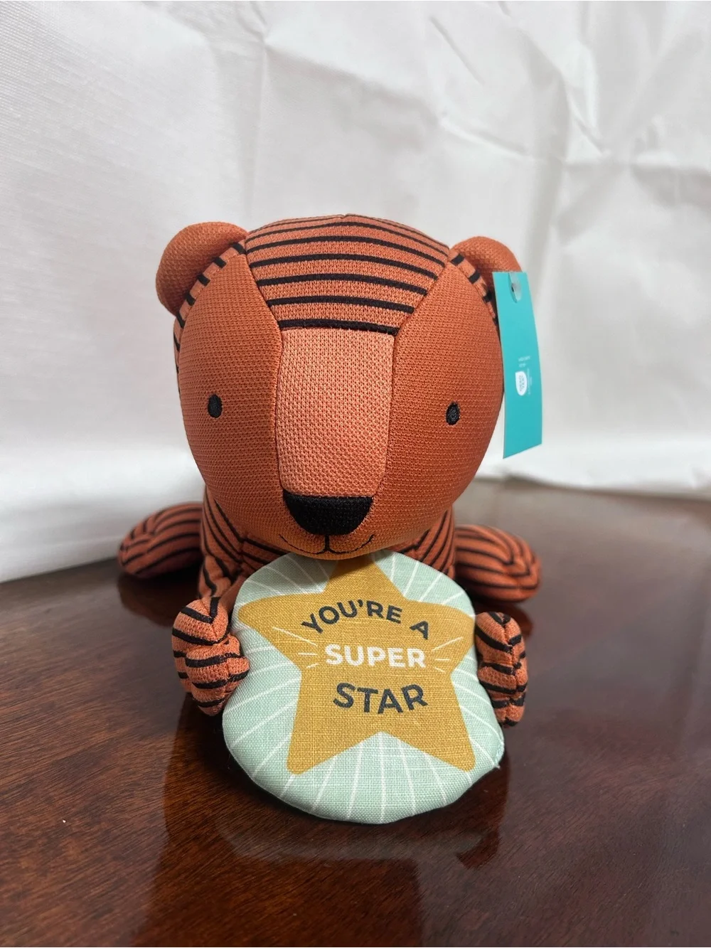 Pillowfort Orange & Black Striped Tiger Plush with superstar banner